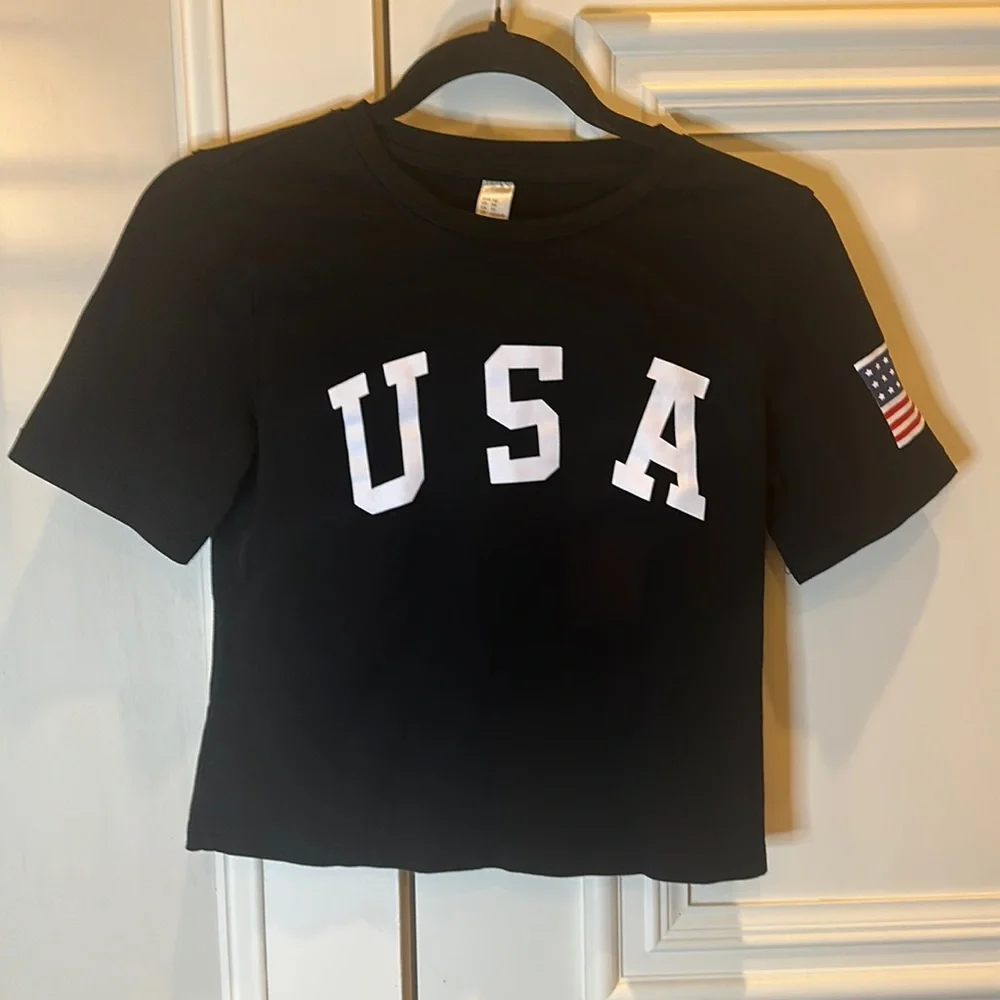 SweatyRocks Women's XS Black USA Short Sleeve Cropped T-Shirt - Picture 4 of 7